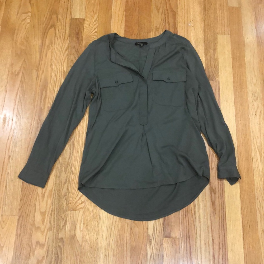Olive High Low Half Button Down Long Sleeve Shirt